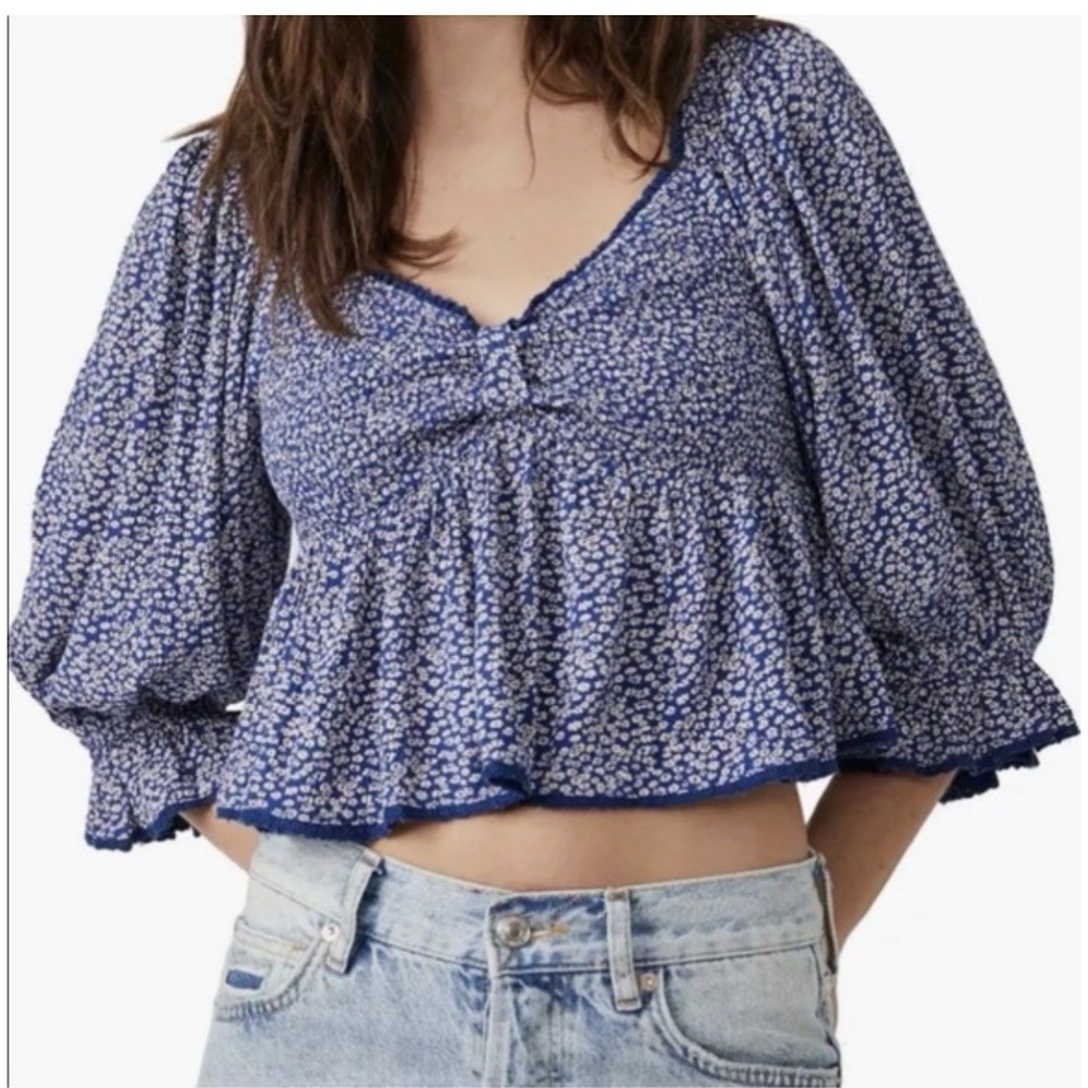 Free People Britnee Top Women's Large Blue Floral Cropped Peplum Smocked Prairie
